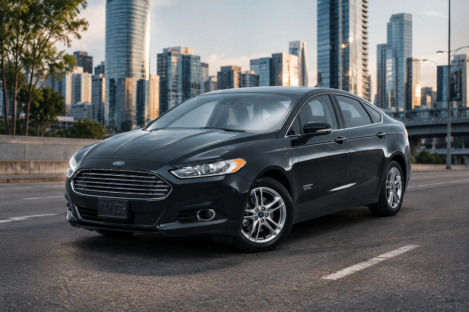 Black Ford Fusion driving through downtown Atlanta at sunset